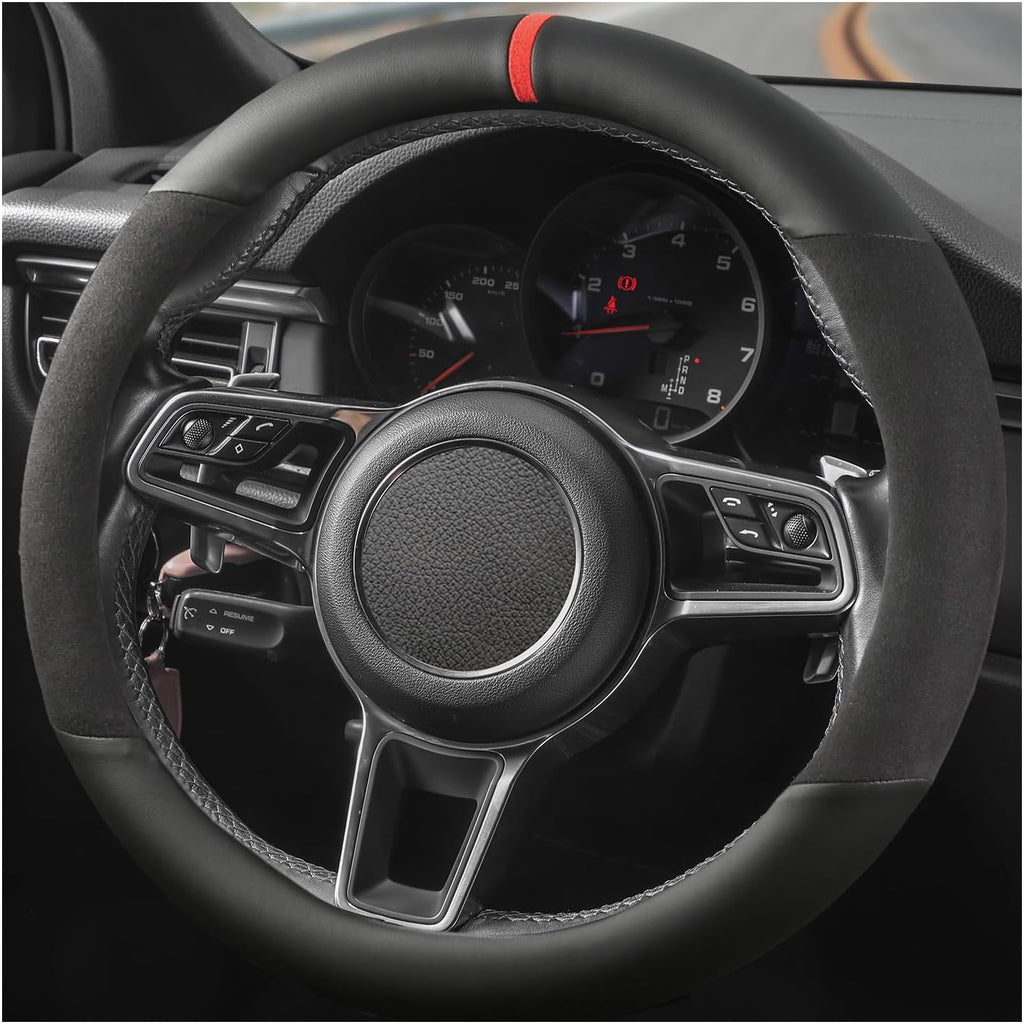 Funda para volante de gamuza con anillo interior de silicona mejorado, anticalor, transpirable, antideslizante, de cuero universal de 14.5 a 15 pulgadas (negro y rojo, cuero genuino parcial