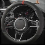 Funda para volante de gamuza con anillo interior de silicona mejorado, anticalor, transpirable, antideslizante, de cuero universal de 14.5 a 15 pulgadas (negro y rojo, cuero genuino parcial