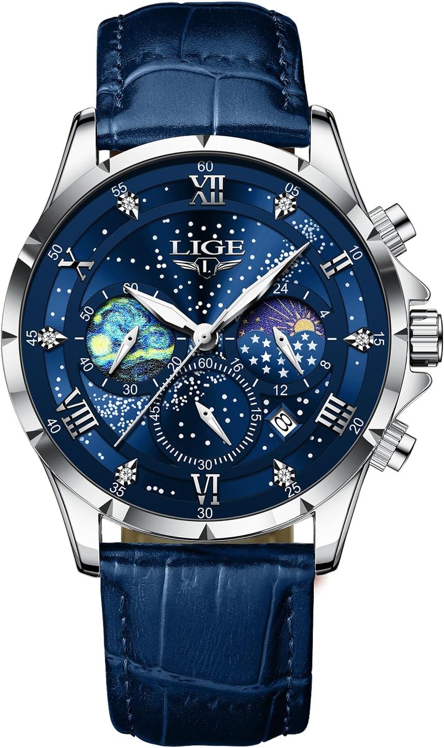 Relojes impermeables LIGE para hombre analógico de vestir, cronógrafo a prueba de agua, trabajo casual con correa de cuero, resistente al agua, pantalla de fase lunar, cuarzo, reloj de pulsera con fecha y luminoso para hombre