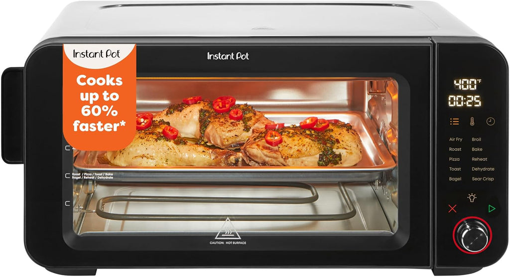 Instant Pot No requiere precalentamiento* Horno tostador con freidora de aire de 6 rebanadas con tecnología InstantHeat, 10 en 1, freír al aire, asar, hornear, sellar crujiente, tostar, bagel, asar