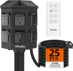 Regleta de alimentación para exteriores con cable de extensión de 25 pies, control remoto de 100 pies, temporizador de luz del atardecer al amanecer, impermeable, 6 tomas de tierra para patio