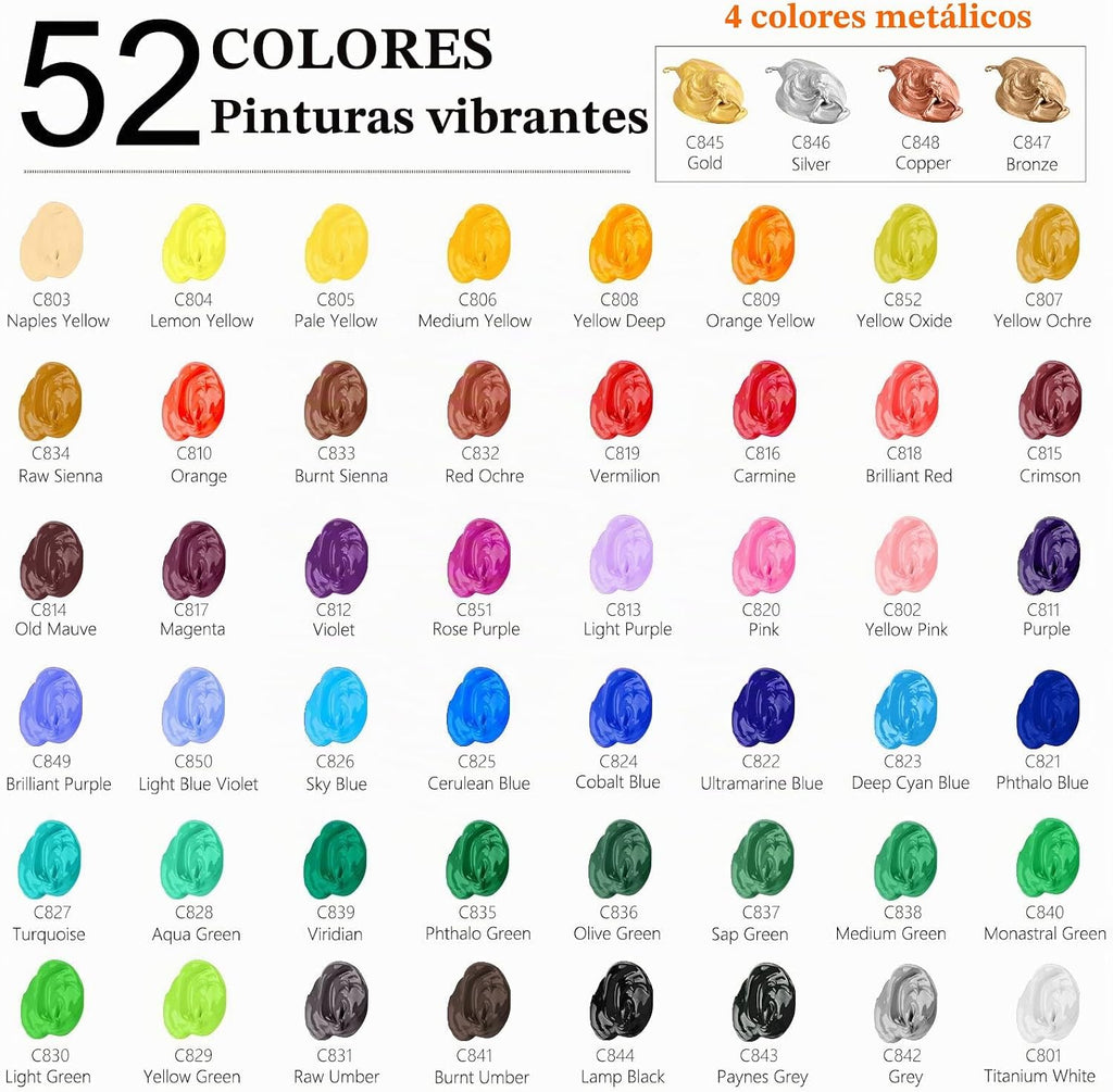 Caliart Juego de pintura acrílica de 52 colores con pinceles de pintura