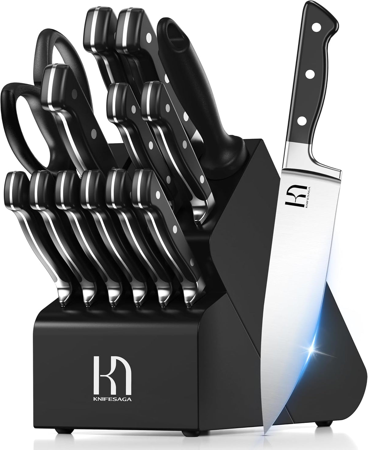 KnifeSaga Juego de Cuchillos Japoneses con Afilador, Premium, Afilado de Navaja, 15 Piezas