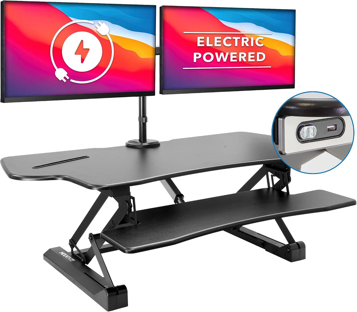 Mount-It! Convertidor eléctrico de escritorio de pie con brazo para monitor doble, elevador de escritorio de pie XL de 47.2 pulgadas de ancho, elevador eléctrico para escritorio con soporte para 2 pantallas (máx. 32 pulgadas), escritorio con bandeja