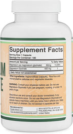 Glicinato de magnesio 400 mg, suplemento de magnesio quelado, 180 cápsulas, 180 unidades
