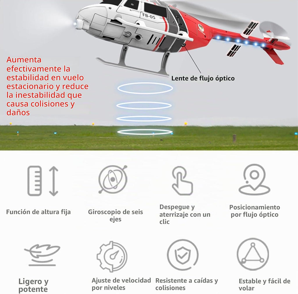 Helicóptero de control remoto FB-05, helicóptero de rotor único de 6 canales con giroscopio de 6 ejes, retención de altitud, aterrizaje de despegue de una tecla, parada de emergencia circular