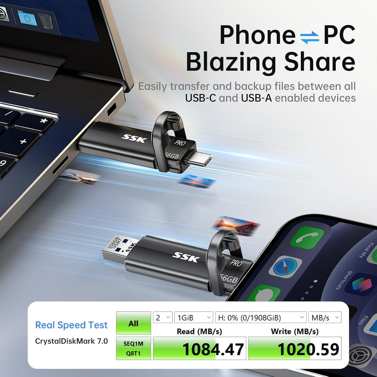 SSK Unidad Flash USB 256GB SSD Externa, TLC NAND Unidad de Estado S...