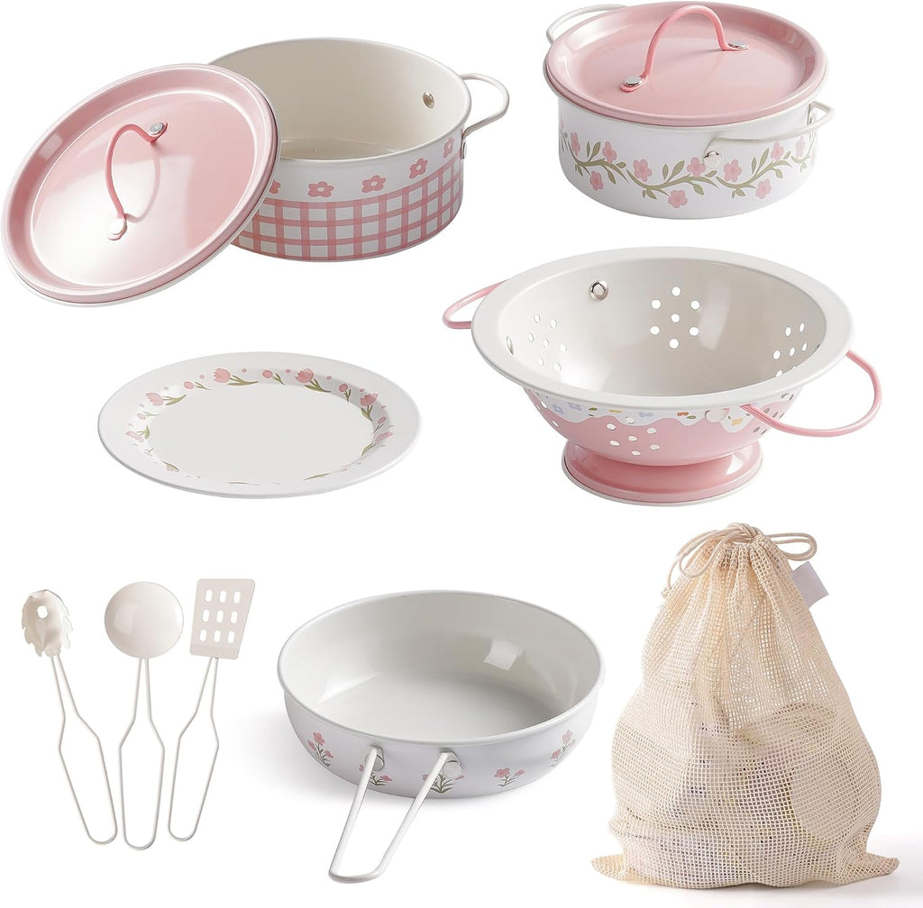 ROBOTIME Juego de ollas y sartenes para niños – Juego de 9 piezas de accesorios de cocina con utensilios de cocina de metal, utensilios de cocina y bolsa de almacenamiento – Ollas y sartenes de juguete para niños pequeños y niñas mayores de 3 años (rosa)