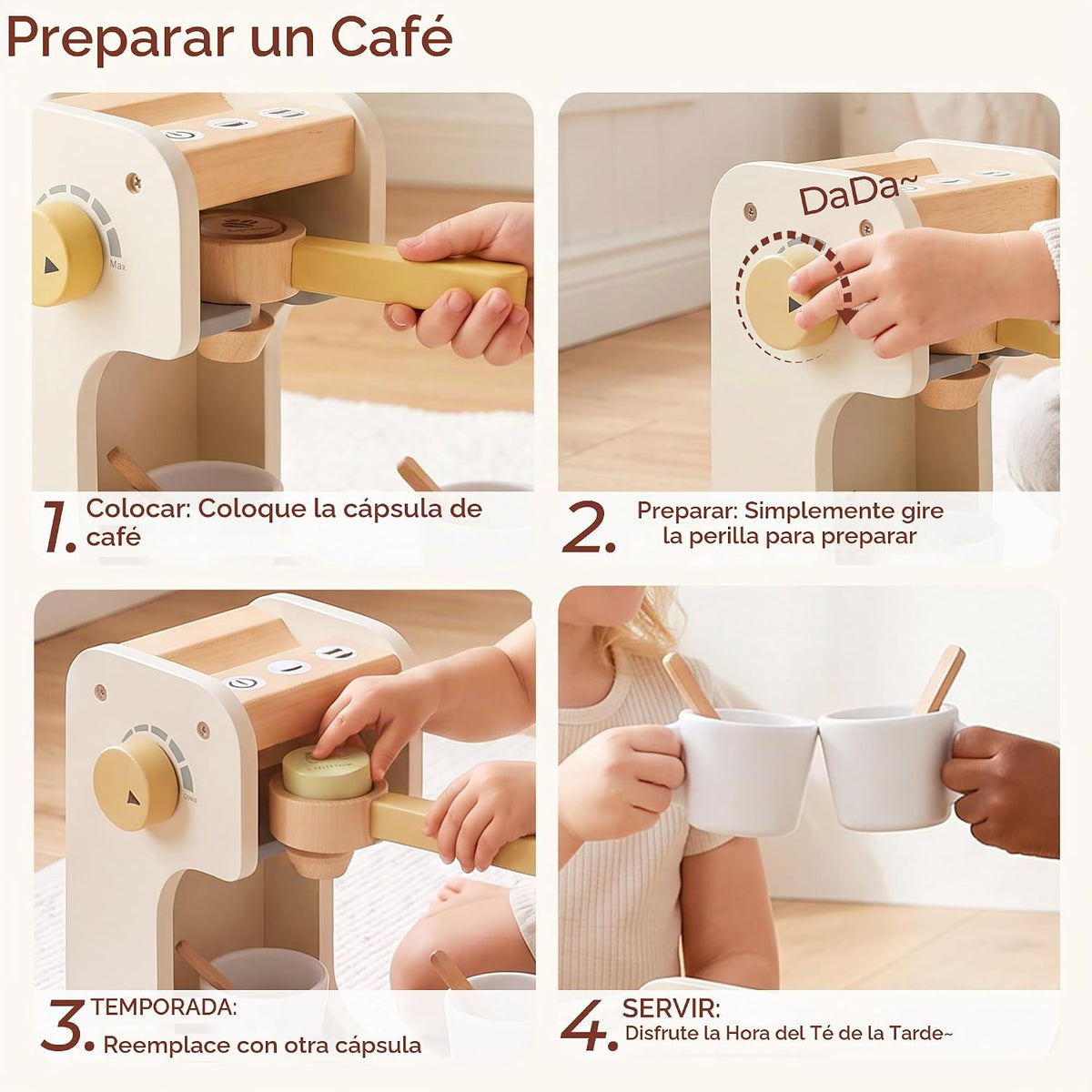 Freniland Juguete clásico de madera para cafetera, juego para preparar y servir para niños pequeños, juguete educativo de cocina para niños a partir de 3 años