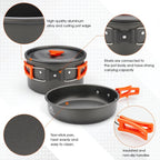 THTYBROS Kit de utensilios de cocina para acampar de 17 piezas, olla de 0.45 galones, sartén de 7 pulgadas, juego de hervidor de 0.30 galones con 2 juegos de tazas, platos, tenedores, cuchillos y