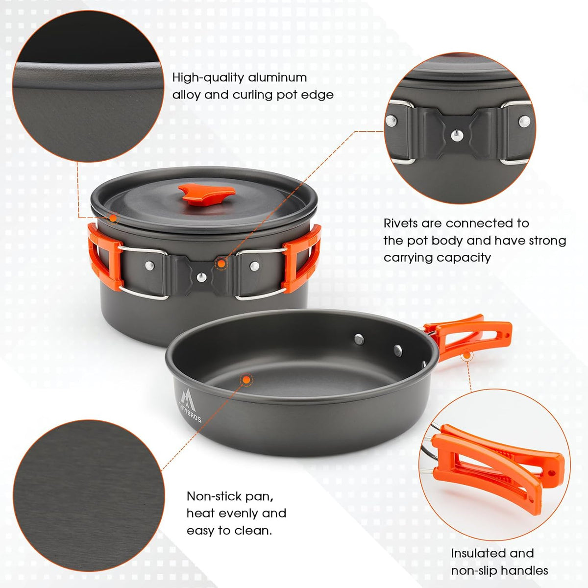 THTYBROS Kit de utensilios de cocina para acampar de 17 piezas, olla de 0.45 galones, sartén de 7 pulgadas, juego de hervidor de 0.30 galones con 2 juegos de tazas, platos, tenedores, cuchillos y