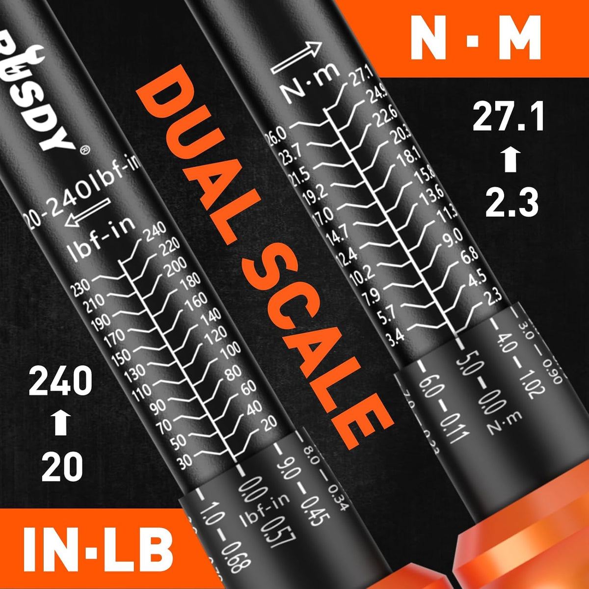 HORUSDY Juego de llave dinamométrica de 1/4" de 4 piezas, llave dinamométrica de 20-240 in-lb con barra de extensión de 3" y adaptador de 1/4" a 3/8", llaves dinamométricas Cr-V de pulgada-libra para