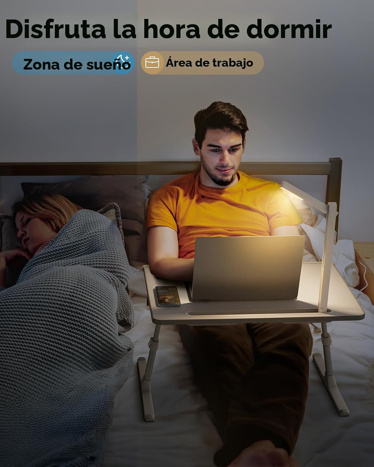Bandeja escritorio para cama con lámpara LED, soporte para laptop SAIJI