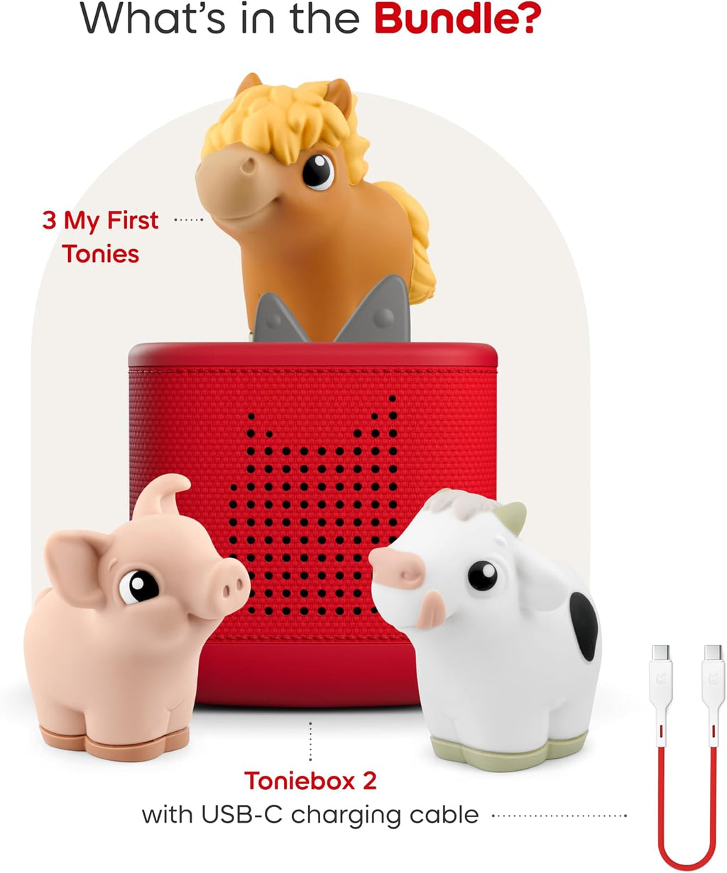 Toniebox 2 My First Farm Bundle para Kids 1+ con Soft y Squeezable Cow, Horse, y Pig - Sunset Red