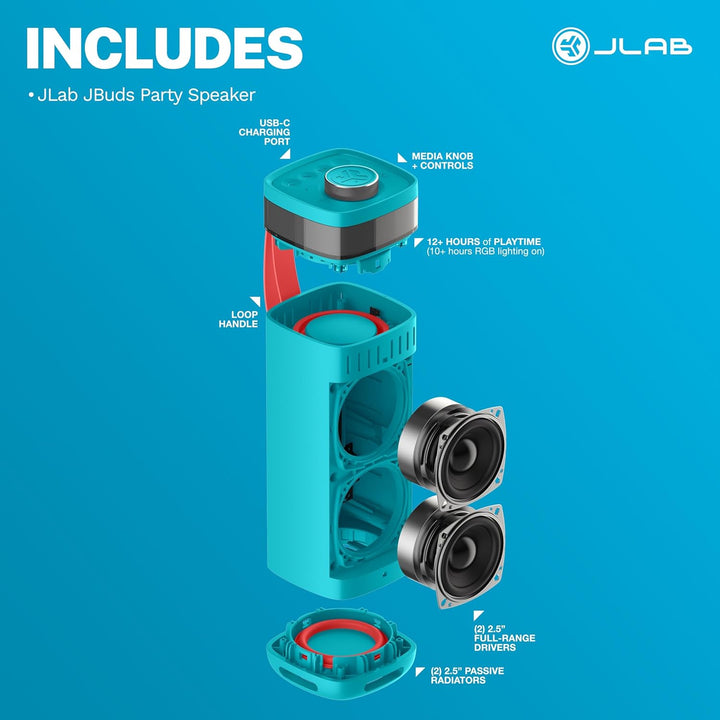 JLab JBuds Party Altavoz Bluetooth portátil, 2 controladores de ran...