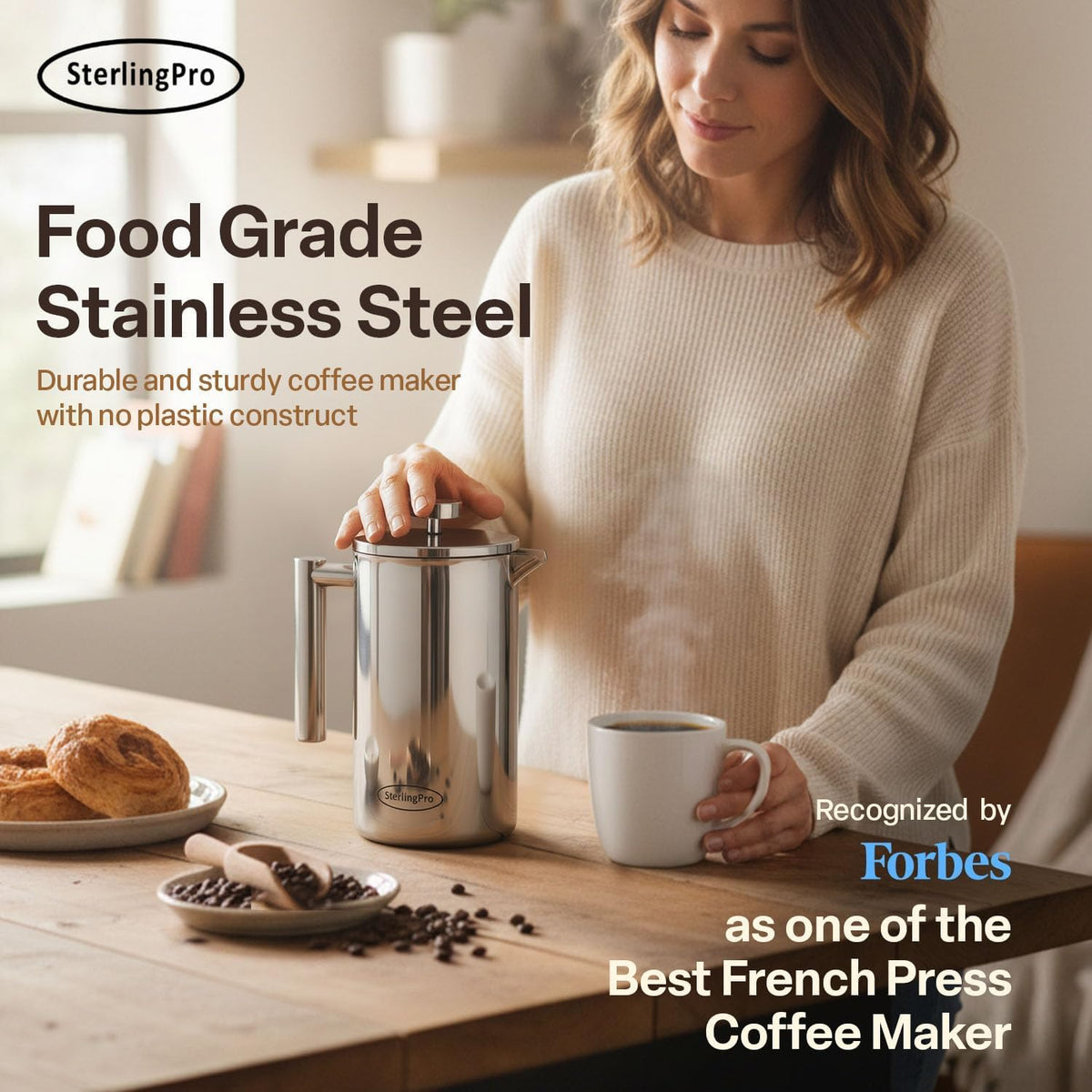 SterlingPro Cafetera de prensa francesa de acero inoxidable con aislamiento no tóxico, 34 onzas, cafetera de doble pared de metal aislada, sin plástico, tacto frío, acabado espejo, hace hasta 8 tazas