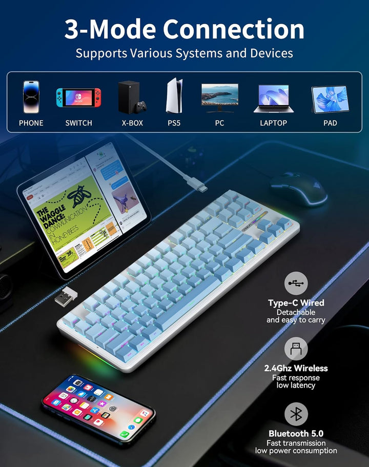 Aula F87 Pro Gaming Keyboard, Tri-Mode BT5.0\/2.4GHz\/USB-C Hot-Swa...