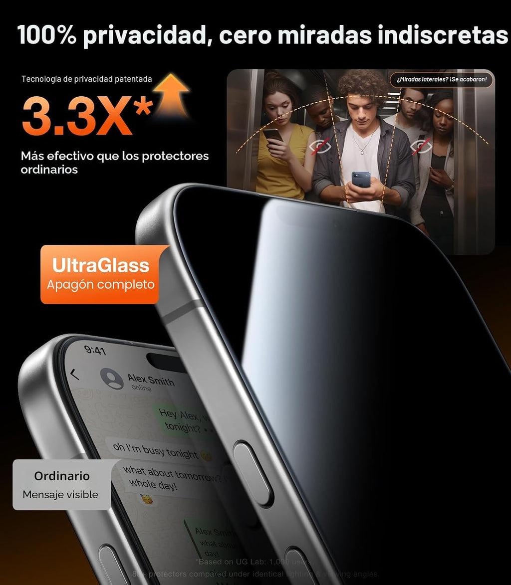 UltraGlass TOP 9H+ Armor para iPhone 16 Pro Max Protector de Pantalla con Privacidad