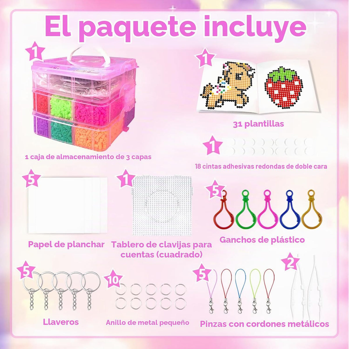 Kit de manualidades de 11000 cuentas fusibles con caja de almacenamiento, 20 colores de cuentas de 0.197 in, tableros de clavijas, papeles de planchar y accesorios. Juego de manualidades para niños y