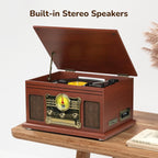 Reproductor de Discos Bluetooth 10 en 1, Giradiscos de 3 Velocidades para Vinilo con Altavoces, Convertidor de LP a MP3, CD, Reproductor de Casete, Radio FM, Transmisión Inalámbrica | Caoba