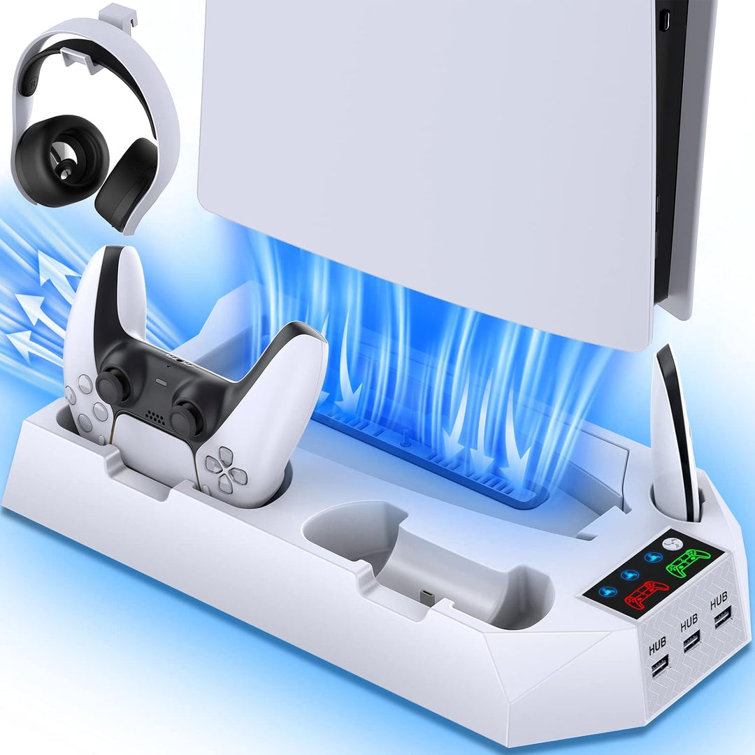 PS5\/PS5 Slim\/PS5 Pro Stand and Cooling Station with Dual Controll...