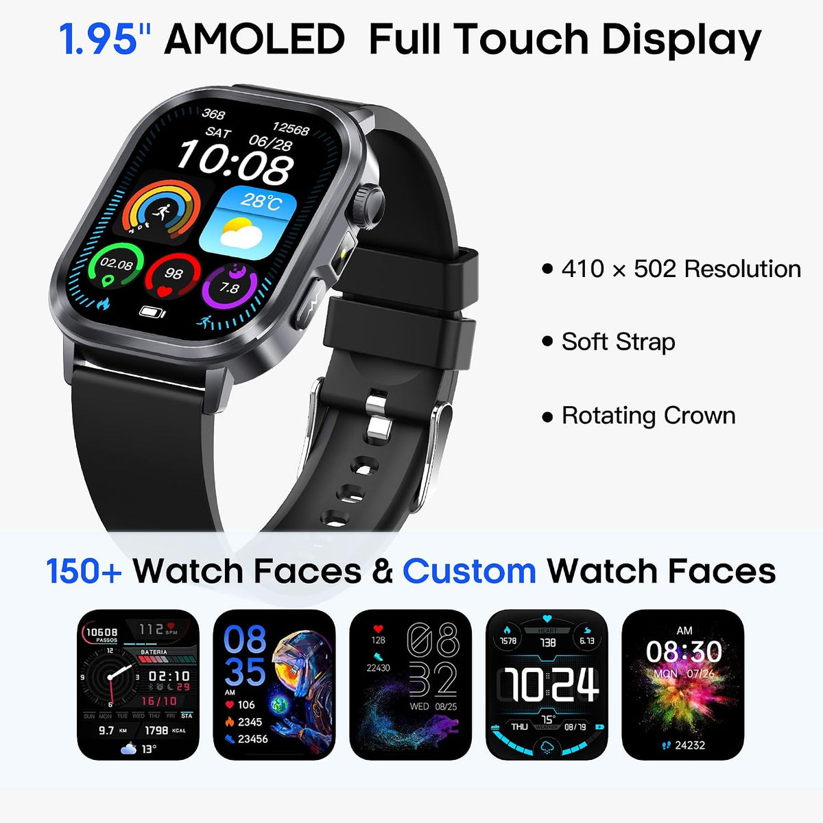 Reloj inteligente para hombres y mujeres, rastreador de fitness AMOLED de 1.95 pulgadas con llamadas Bluetooth, monitoreo de frecuencia cardíaca y presión arterial, monitor de sueño SpO2