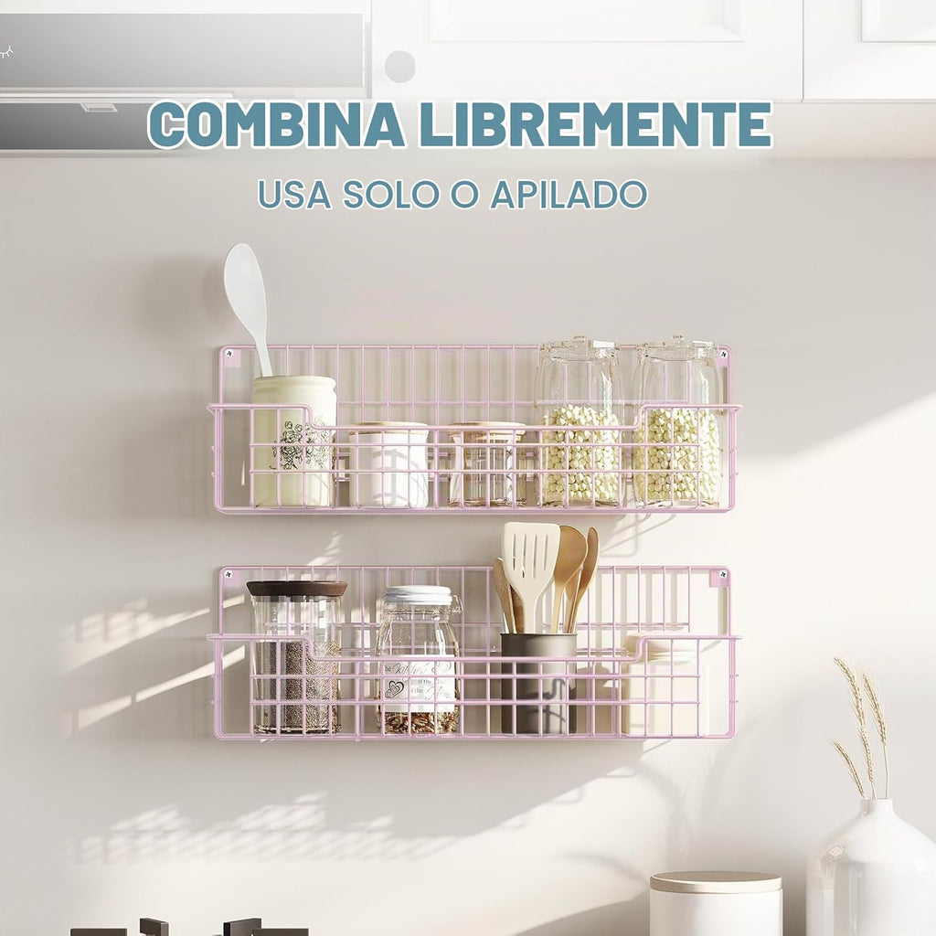 Estante para especias, paquete de 4 organizadores de condimentos montado en la pared para organización de almacenamiento de cocina, estante de metal para especias para gabinete, despensa, rosa