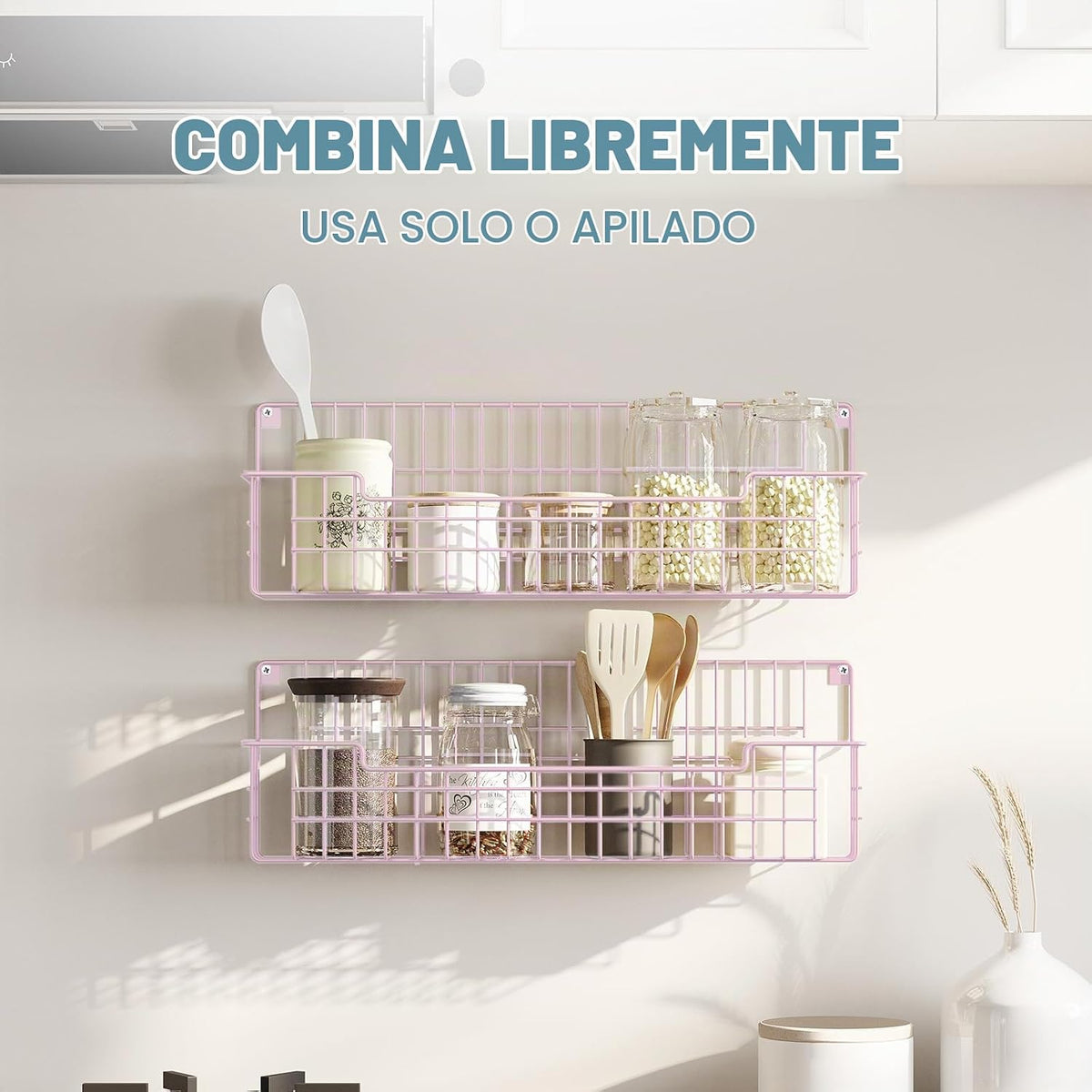 Estante para especias, paquete de 4 organizadores de condimentos montado en la pared para organización de almacenamiento de cocina, estante de metal para especias para gabinete, despensa, rosa