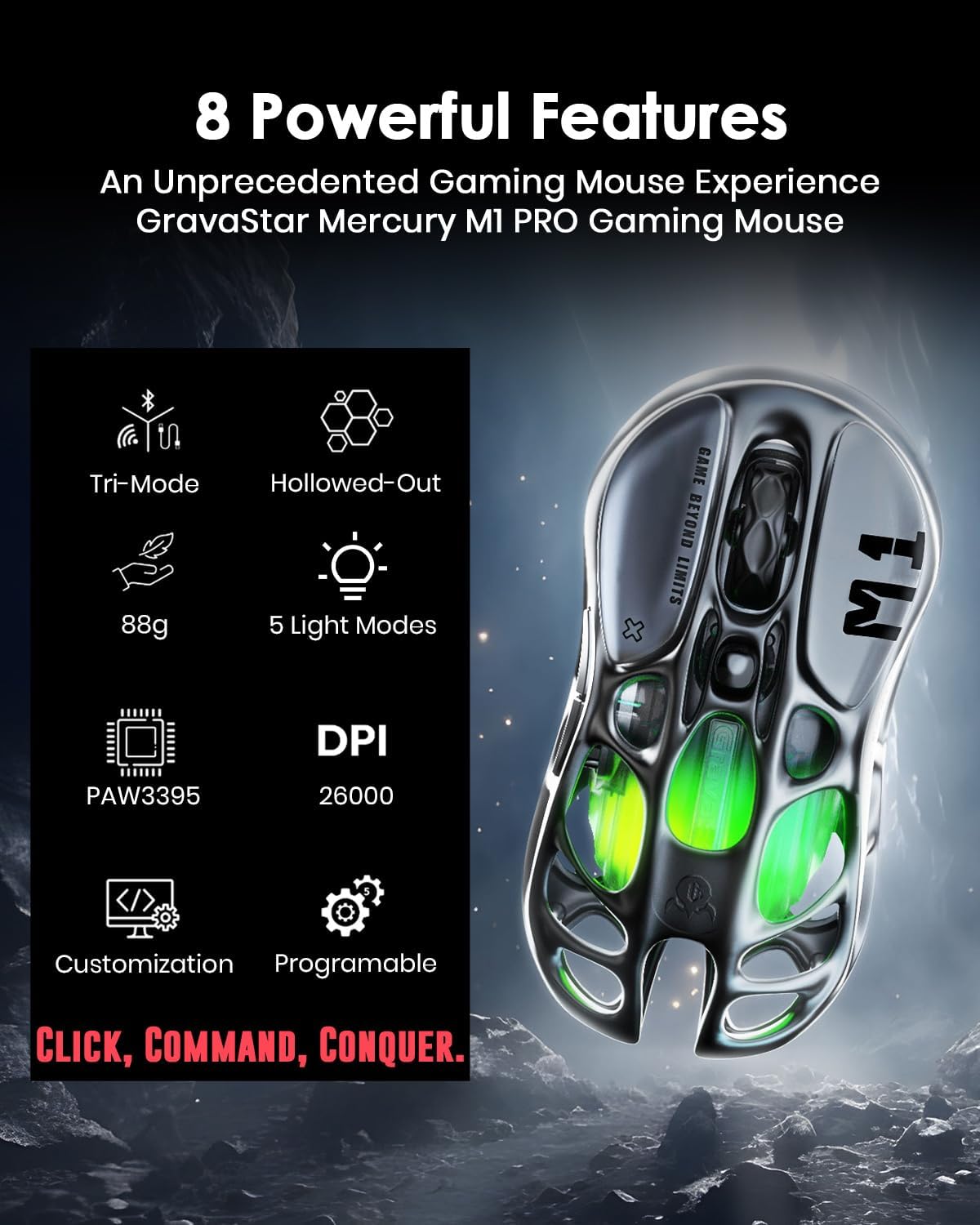 GravaStar Mouse inalámbrico para juegos Mercury M1 Pro - Sensor PAW...
