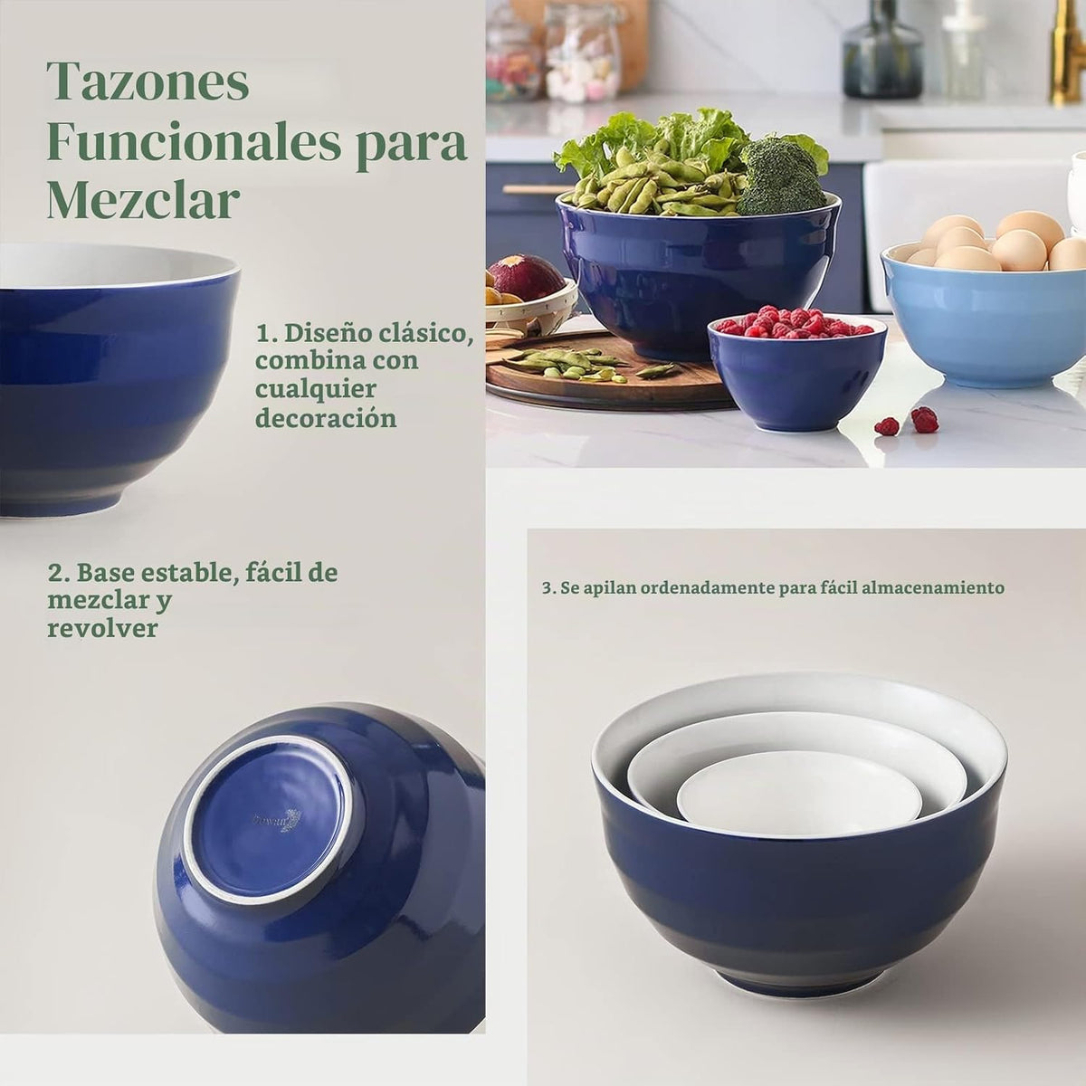 DOWAN 2 tazones de cerámica para servir o mezclar, recipientes de 1.5 - 4.5 cuarto de galón, Set de 3, Multicolor