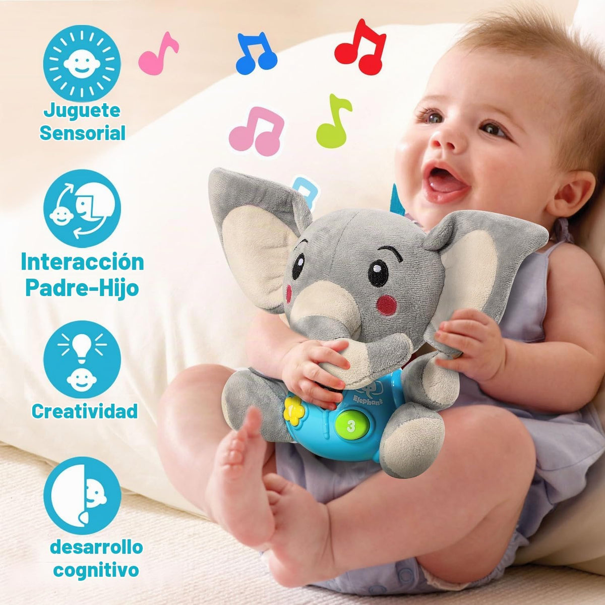 STEAM Life Peluche Musical Elefante con Luces, Bebés 0-36 Meses, Gris