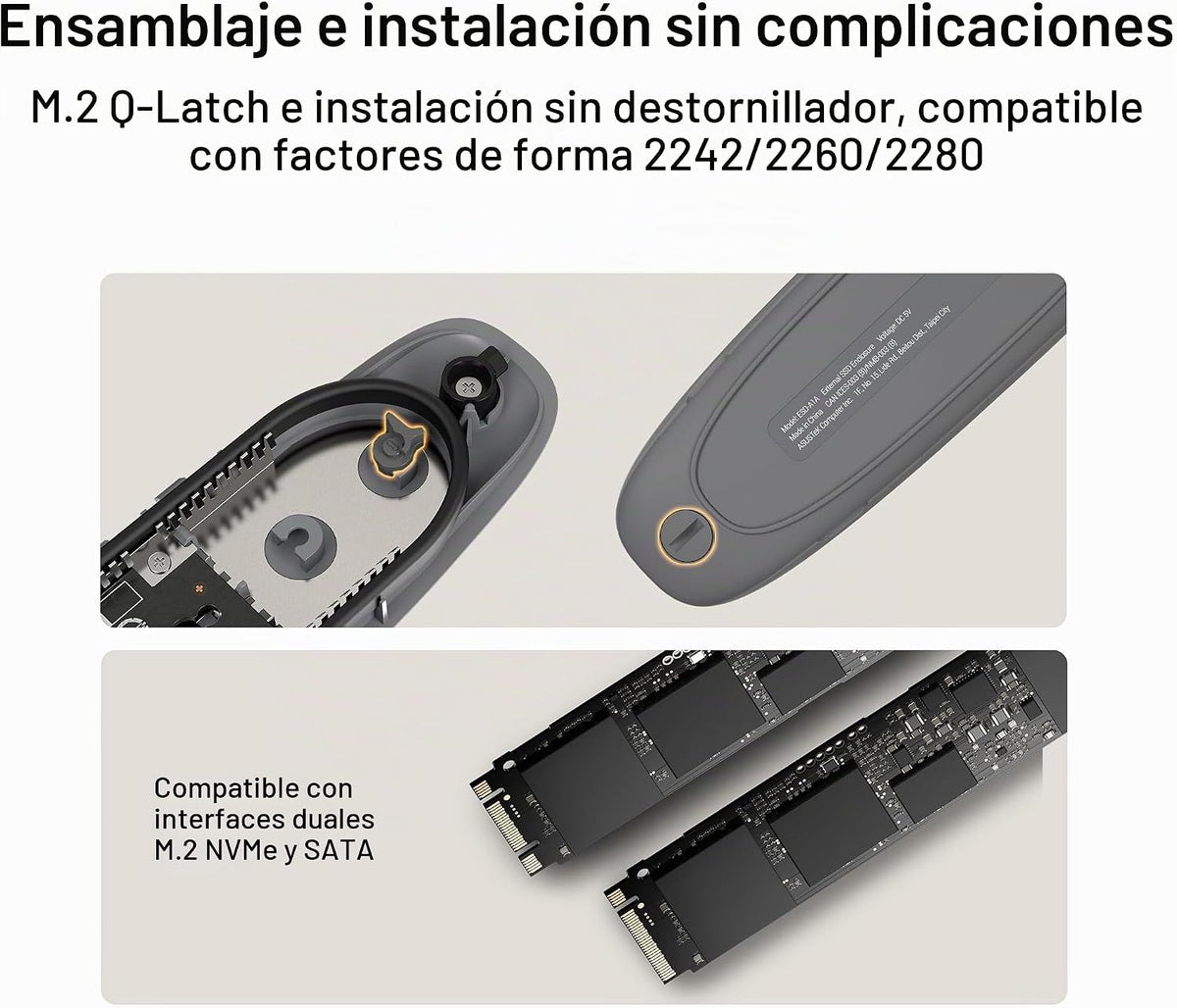 ASUS Cobble Carcasa SSD M.2, sin herramientas, USB-C 10 Gbps externa NVMe/SATA, refrigeración de aluminio, IP55 resistente al agua y al polvo, compatible con M.2 2230-2280, para PS5, MacBook y Windows, gris, 1 año de garantía