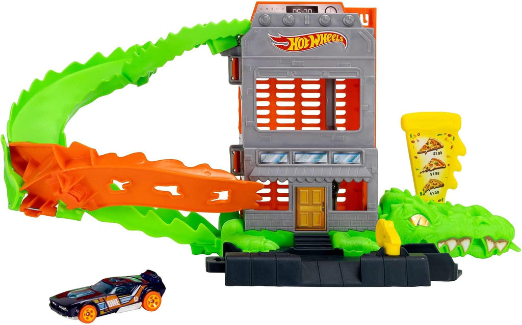 ​Hot Wheels Croc Pizza Attack Playset y auto de juguete a escala 1:64