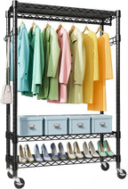M MZG Perchero de Ropa Resistente con Ruedas de 3 Niveles, Estantería de Alambre Ajustable con Barras y Ganchos Laterales, Perchero de Armario de Almacenamiento para Ropa con Ruedas Negro 17.7" P x