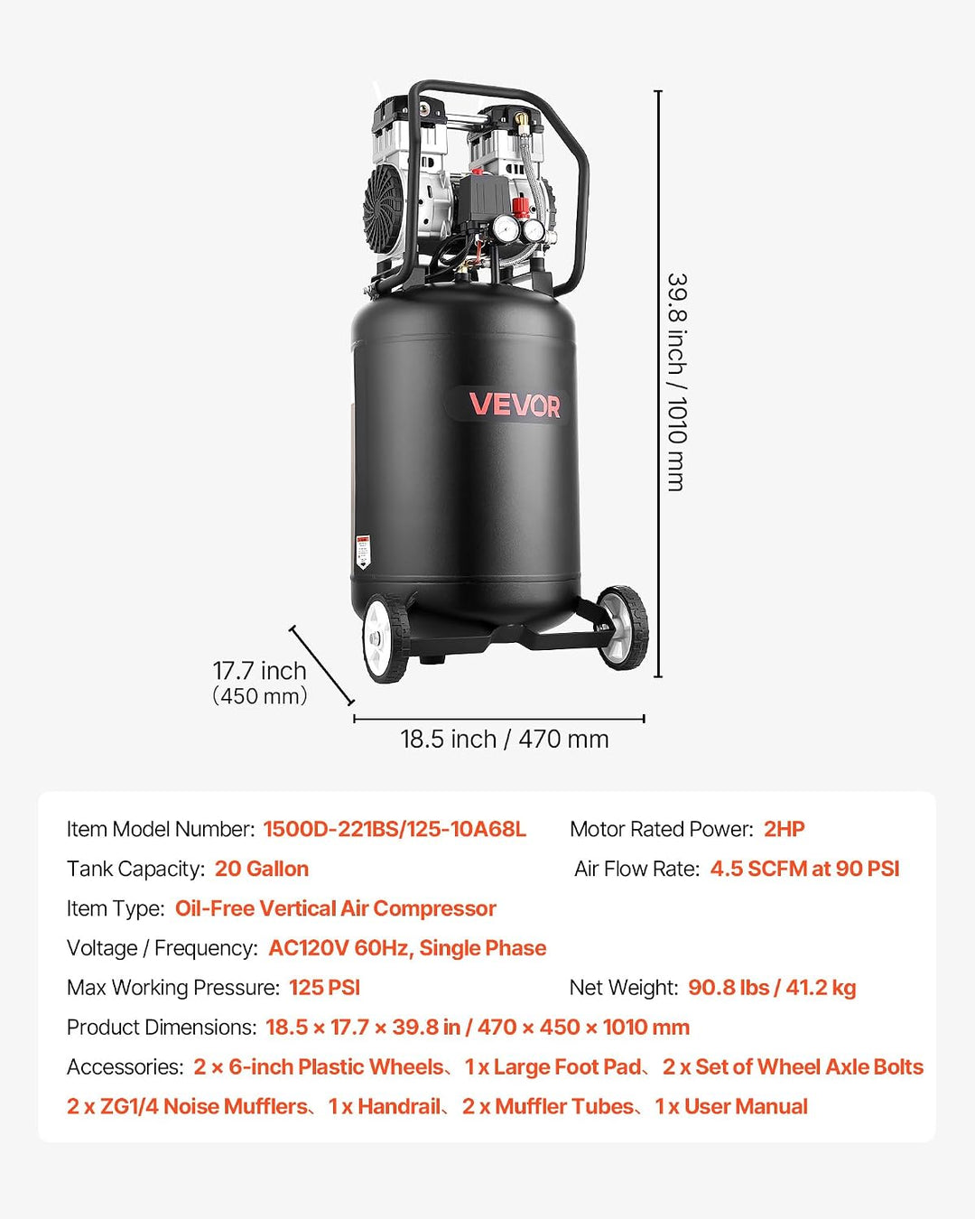 VEVOR Compresor de aire de 20 galones, 2HP 4.5 SCFM a 90PSI, tanque...