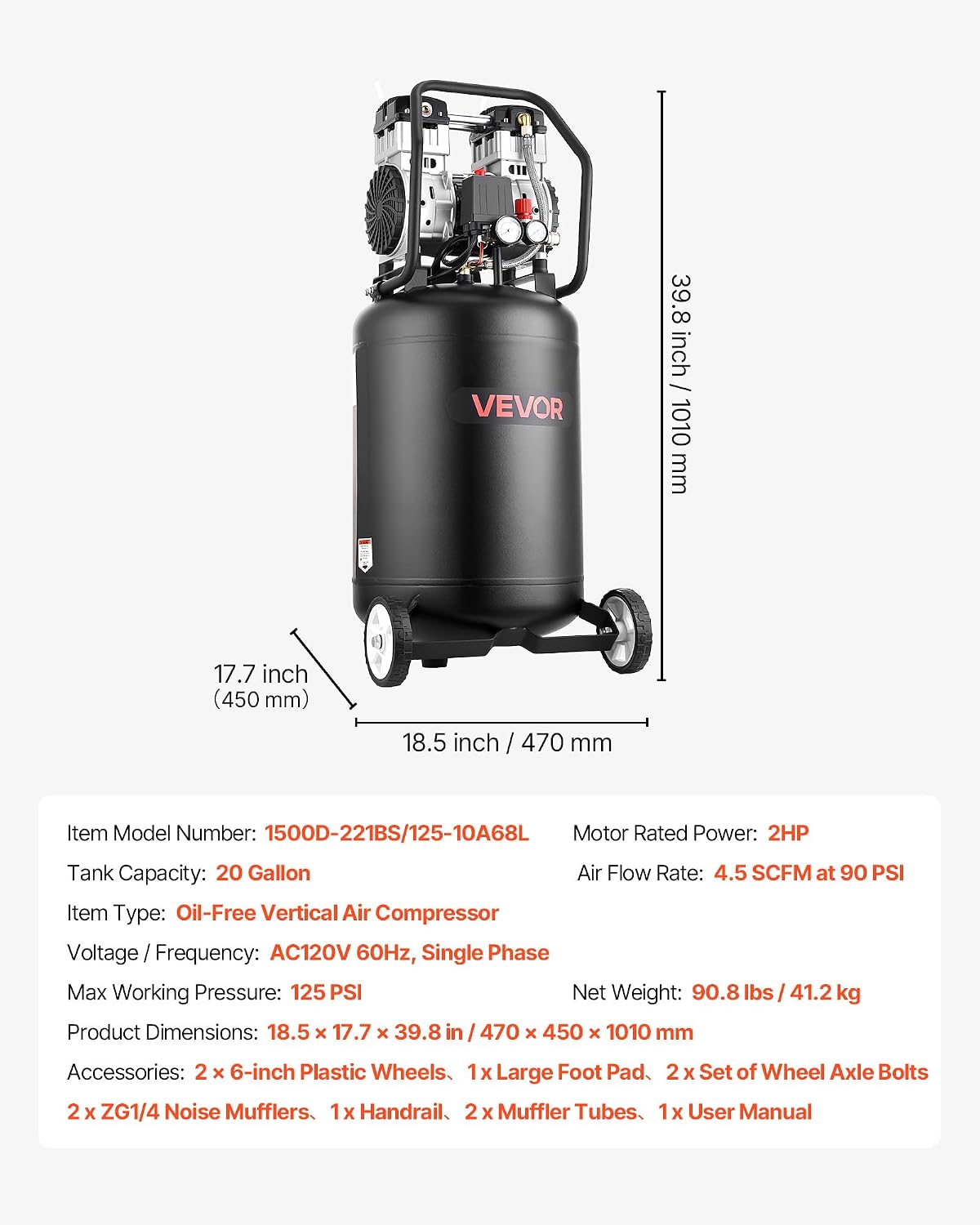 VEVOR Compresor de aire de 20 galones, 2HP 4.5 SCFM a 90PSI, tanque...