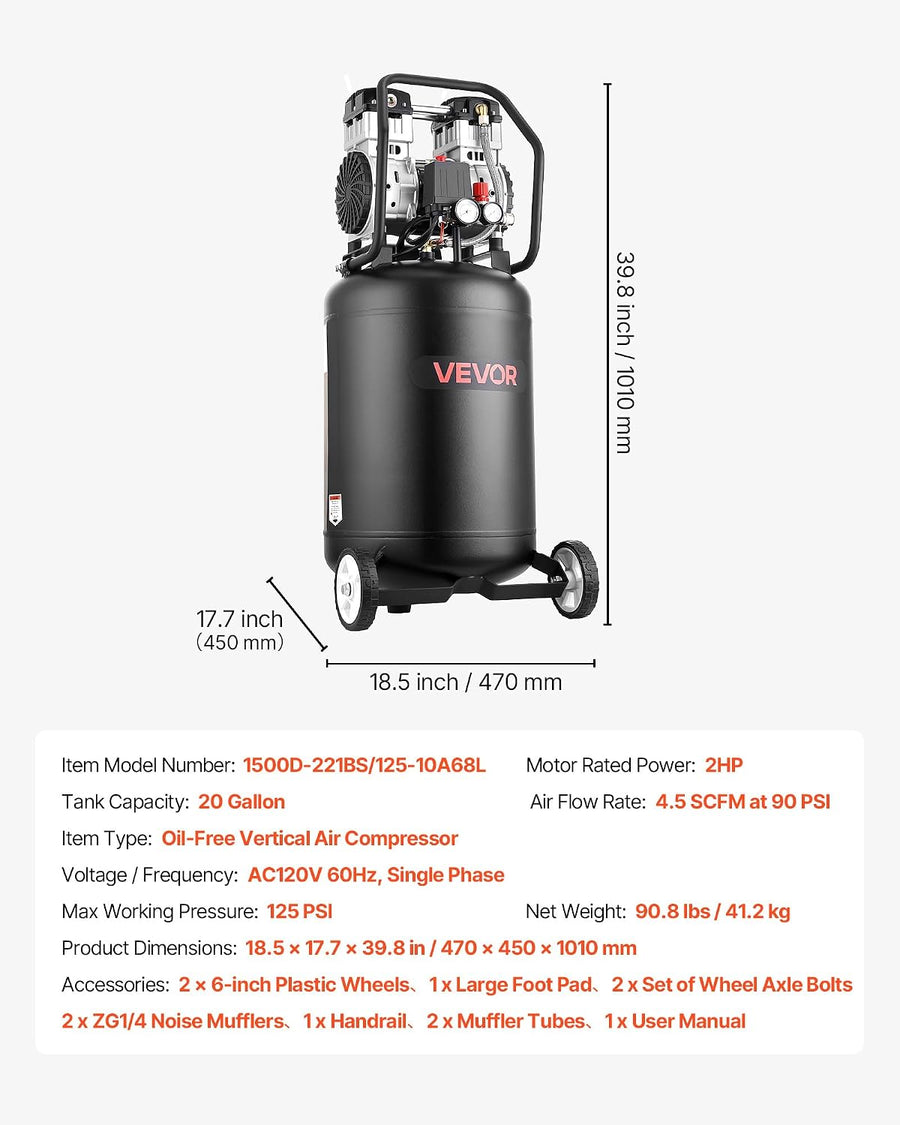 VEVOR Compresor de aire de 20 galones, 2HP 4.5 SCFM a 90PSI, tanque...