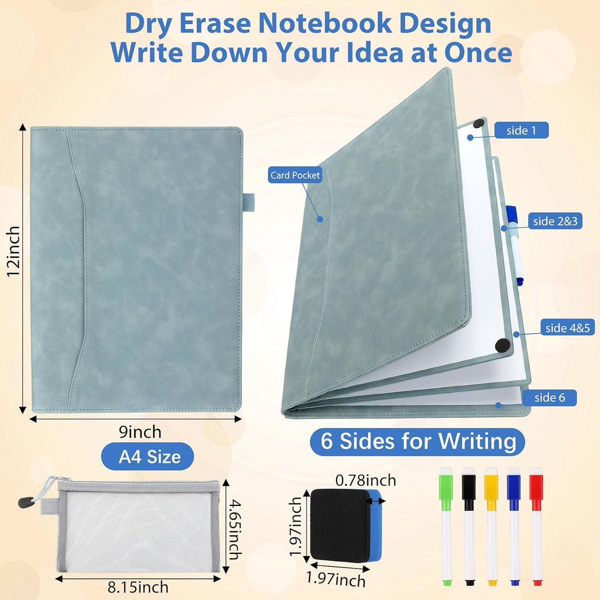 Feifeiya Cuaderno Pizarra Borrable de 6 Lados Portátil, Azul, A4 9" X 12"