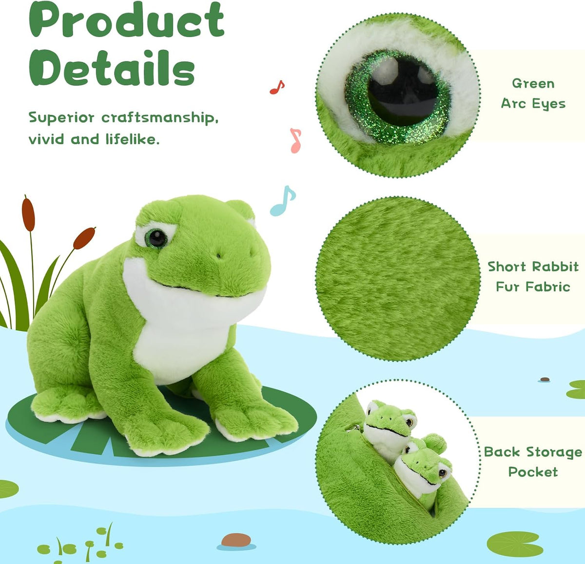 MorisMos Animal de peluche de rana verde de 15.7 pulgadas con 3 bebés, juego familiar de felpa de rana de peluche suave, lindo juguete de rana para juego imaginativo y acurrucarse a la hora de dormir
