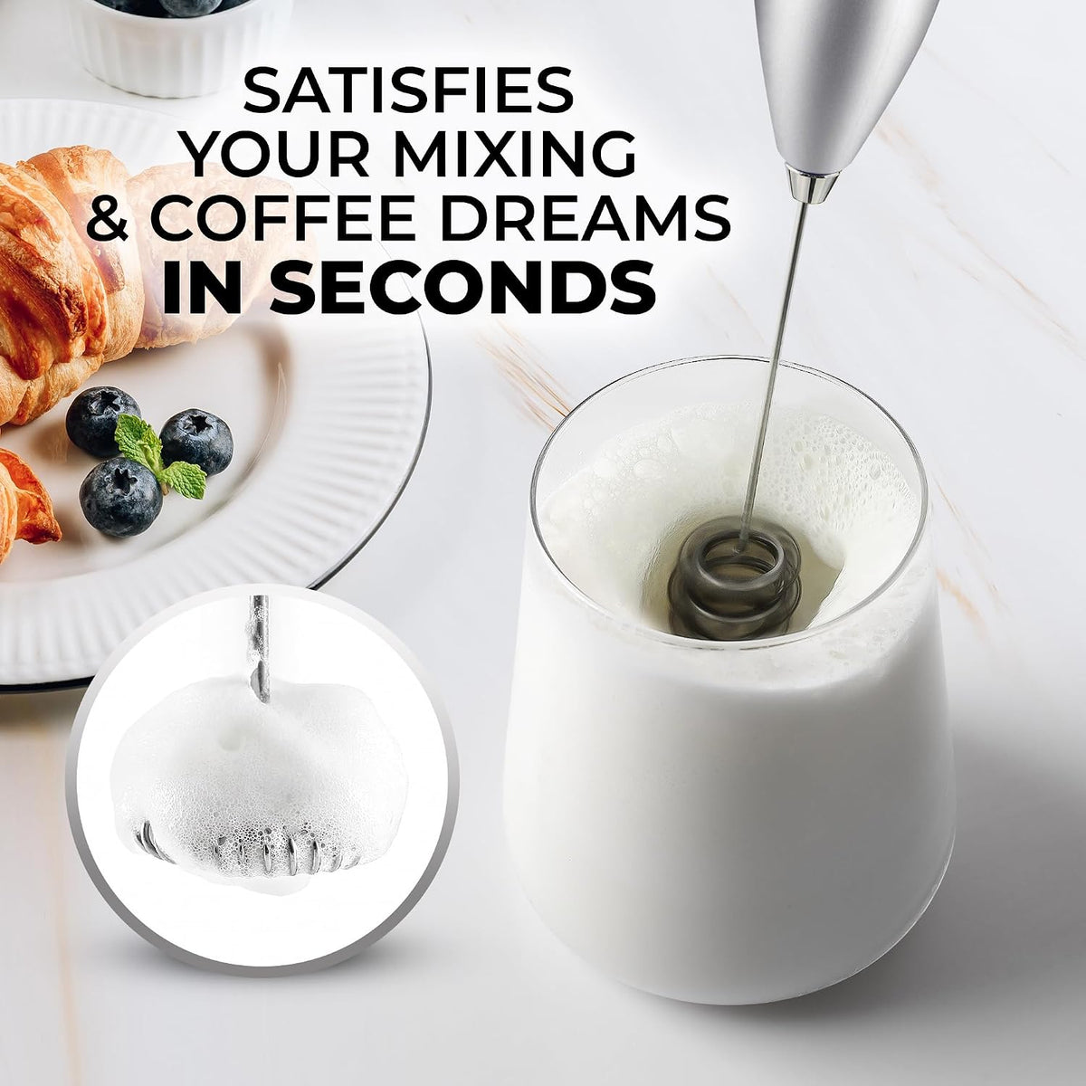 Zulay Kitchen Potente varita espumadora de leche con baterías Duracell - Mezclador de bebidas portátil ultrarrápido - Máquina de espuma eléctrica para café, lattes, capuchino y matcha, batidor triple