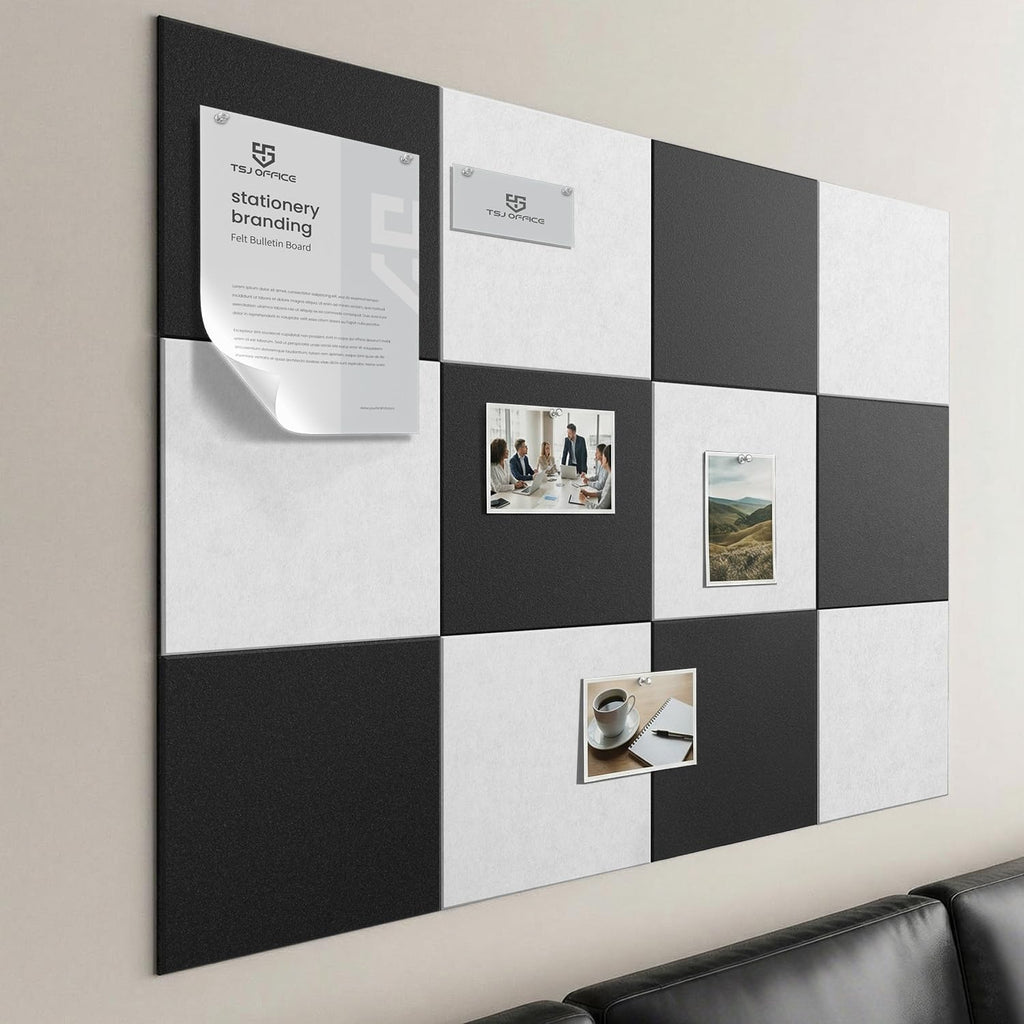 TSJOFFICE - Tablero de corcho grande para pared, tablero de anuncios de 48 x 36 pulgadas con 50 pasadores para decoración de oficina, tablero de alfileres, paquete de 12 azulejos de pared de fieltro