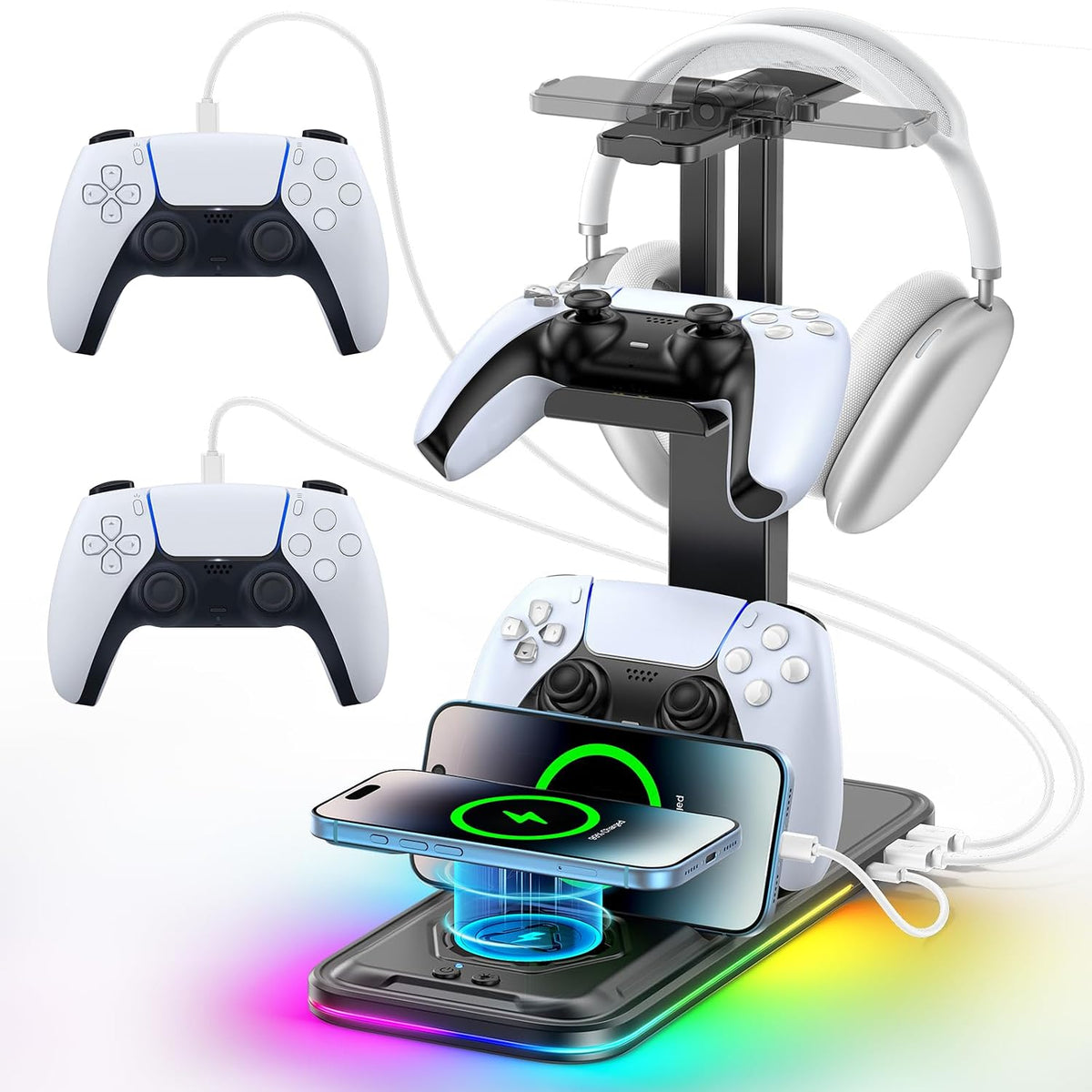 Soporte de control con cargador de teléfono inalámbrico, soporte para auriculares para juegos y estación de carga de controlador para escritorio, 9 luces RGB, 2 puertos USB y tipo C, accesorios de