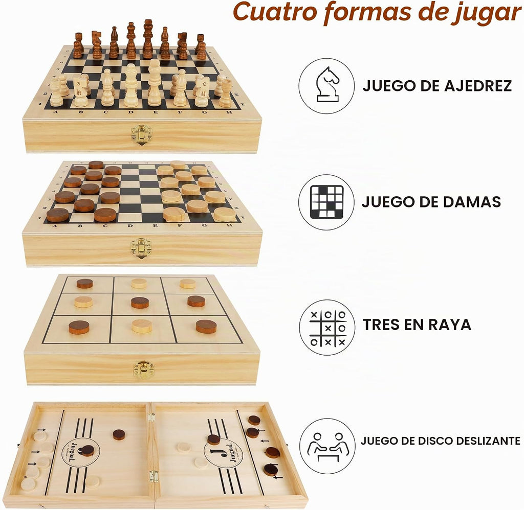 Juegoal Juego de discos de madera 4 en 1 para niños y adultos, ajedrez, damas, juegos de Tic Tac Toe, juegos de mesa de ajedrez plegable portátil de viaje, juegos de mesa de ajedrez interactivos para familias