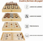 Juegoal Juego de discos de madera 4 en 1 para niños y adultos, ajedrez, damas, juegos de Tic Tac Toe, juegos de mesa de ajedrez plegable portátil de viaje, juegos de mesa de ajedrez interactivos para familias