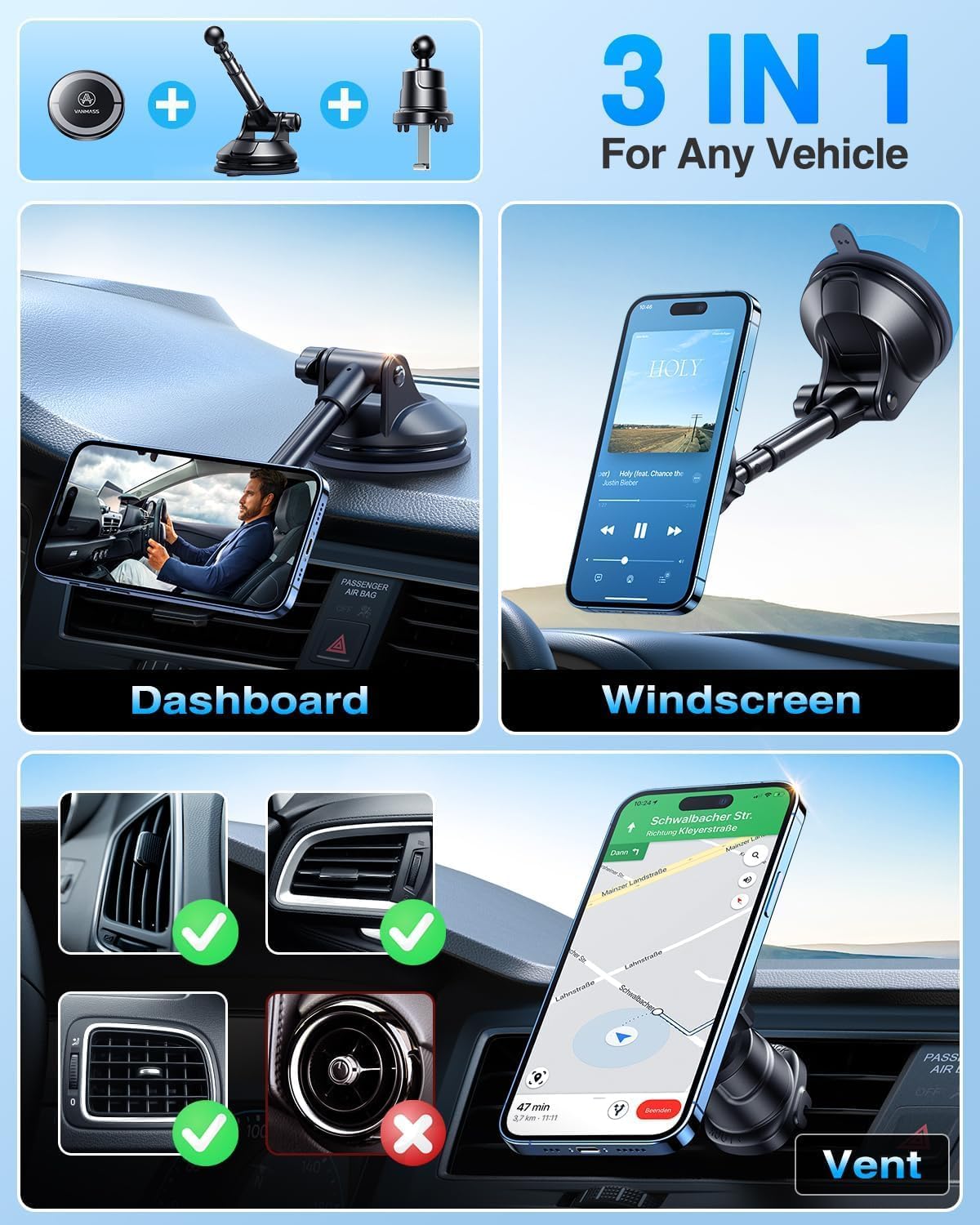 VANMASS Soporte magnético para teléfono MagSafe [Dash+Windshield+Vent}
