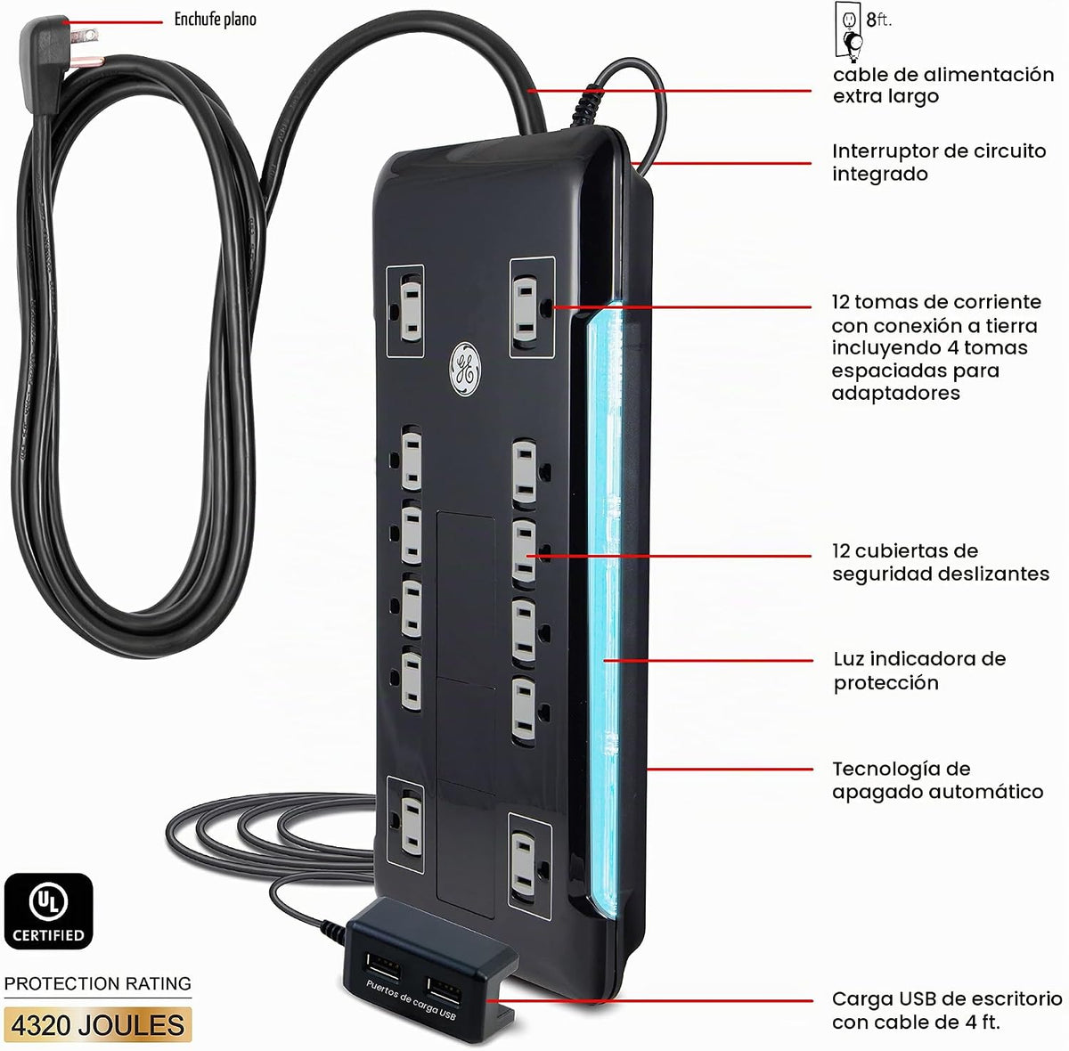 GE Surge Protector Power Strip con 2 Tethered USB puertos