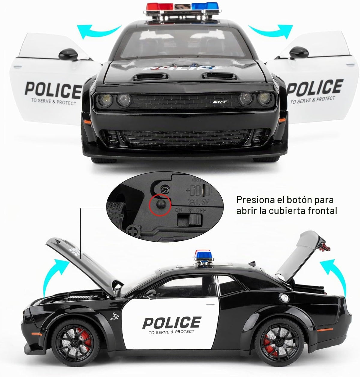 Modelo de coche de policía coleccionable 1:24 Challenger SRT Hellcat juguete, vehículo fundido a troquel con luces y sonidos, juguete de auto modelo de decoración para adultos y niños, regalos de cumpleaños