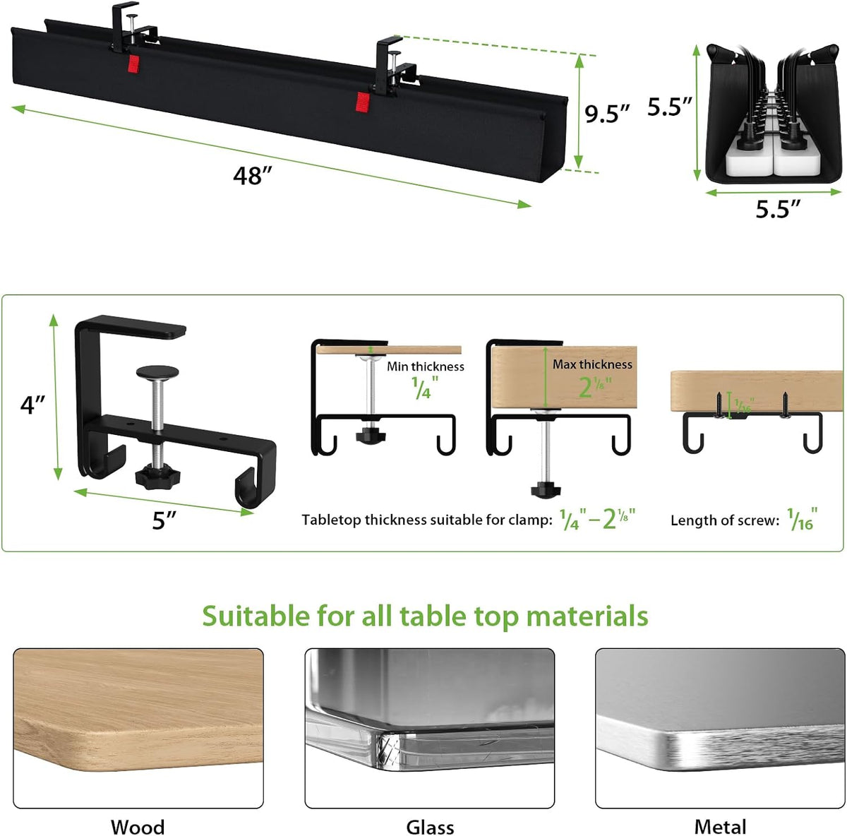 KEEGH Bandeja de Gestión de Cables Extra Grande de 48" para Debajo del Escritorio - Gestión de Cables Debajo del Escritorio - Montaje de Abrazadera/Tornillo - Soporta Hasta 70 lbs - Gestión de Cables