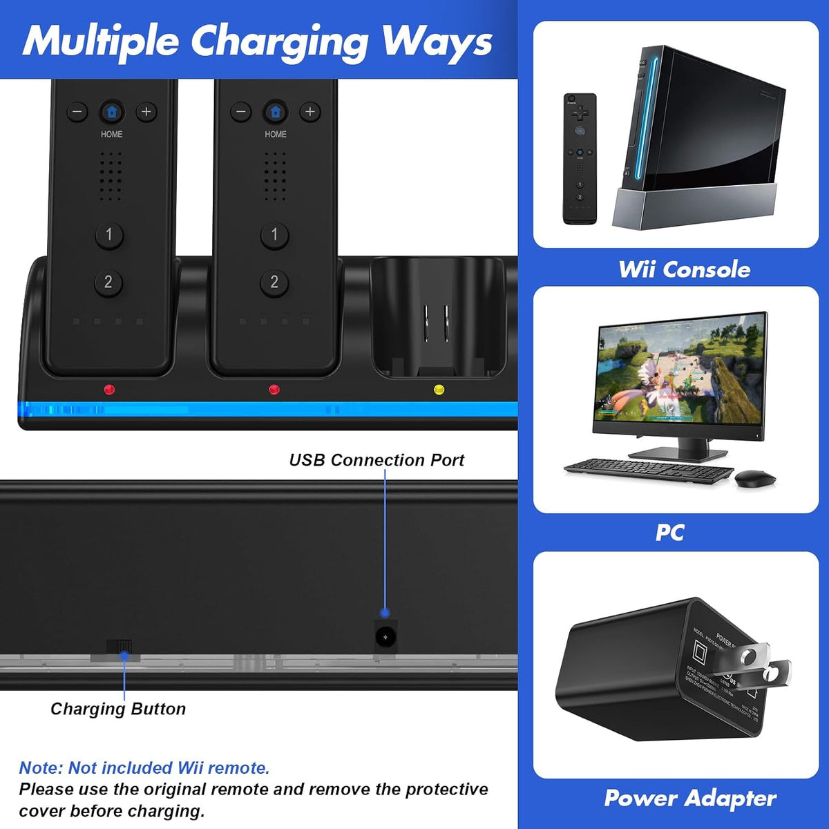 Remote Controller Charger para Wii/Wii U con 4 Pack 2800mAh Rechargeable Battery Pack, 4 puerto carga Station para Controller, Remotes Not Included