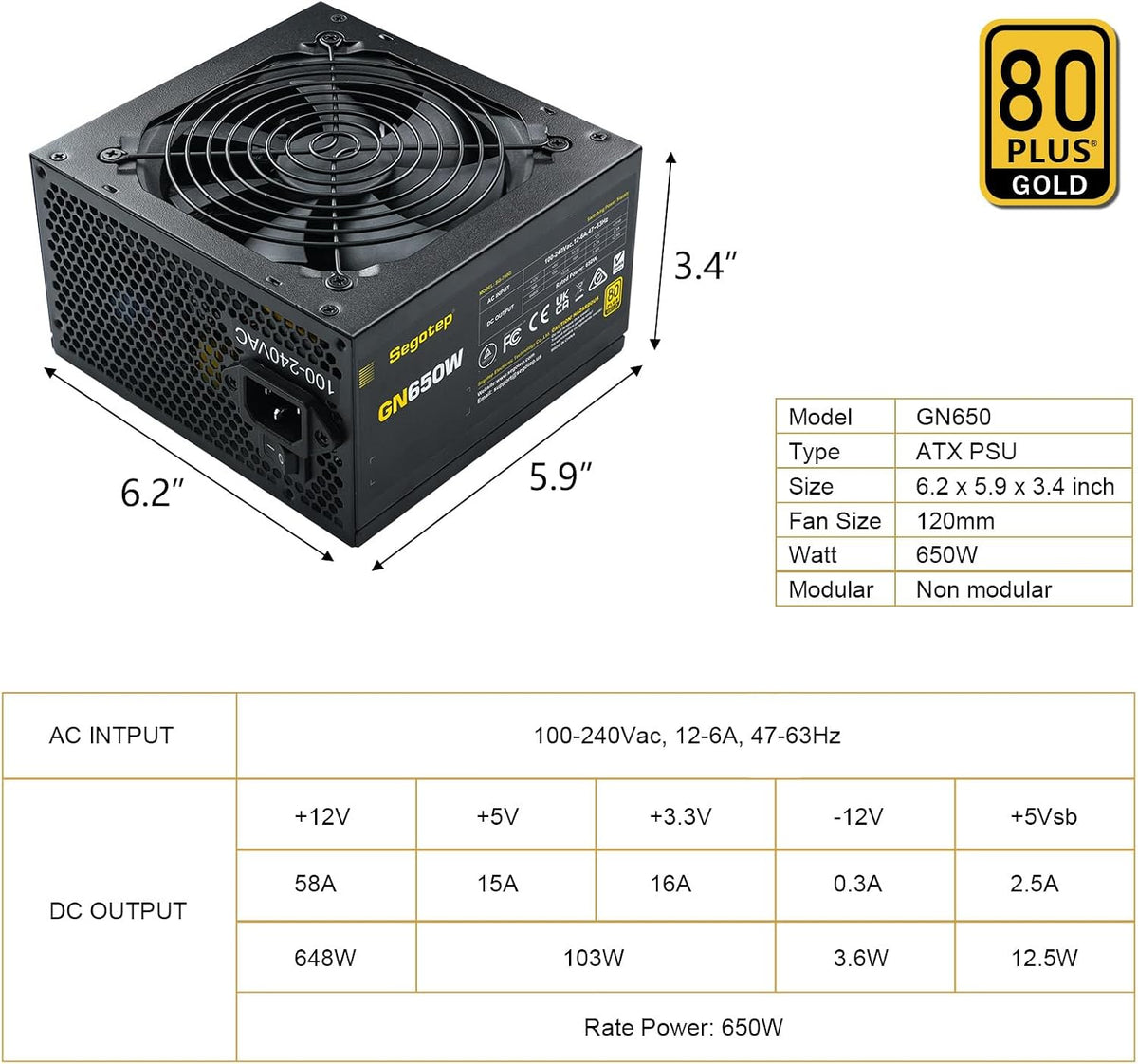 Segotep 650W 80 Plus Gold Certificado No Modular ATX Fuente de Alim...